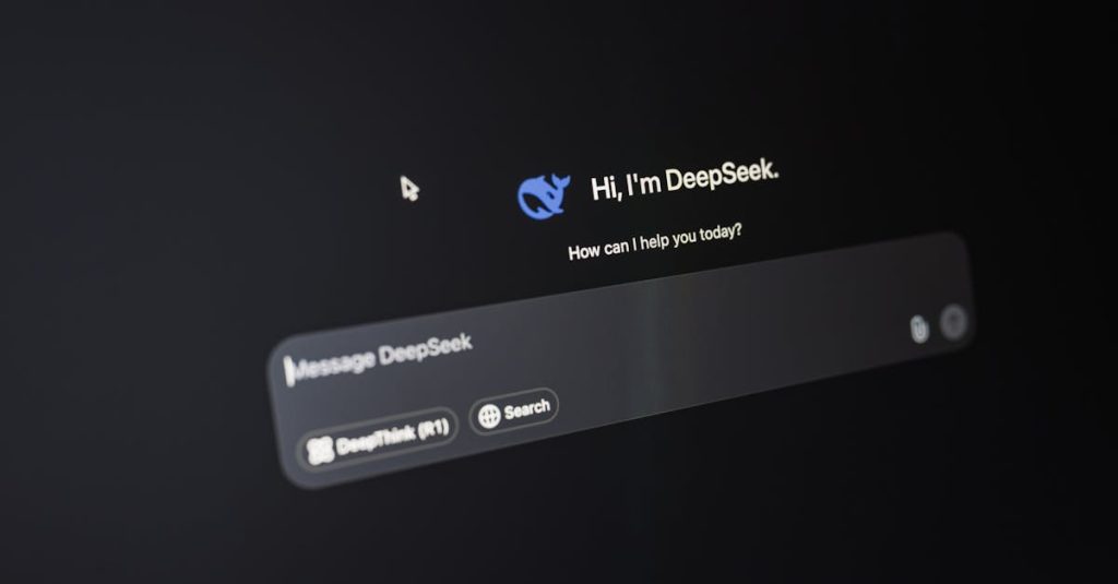 Close-up of DeepSeek AI interface on a dark screen highlighting chat functionality.